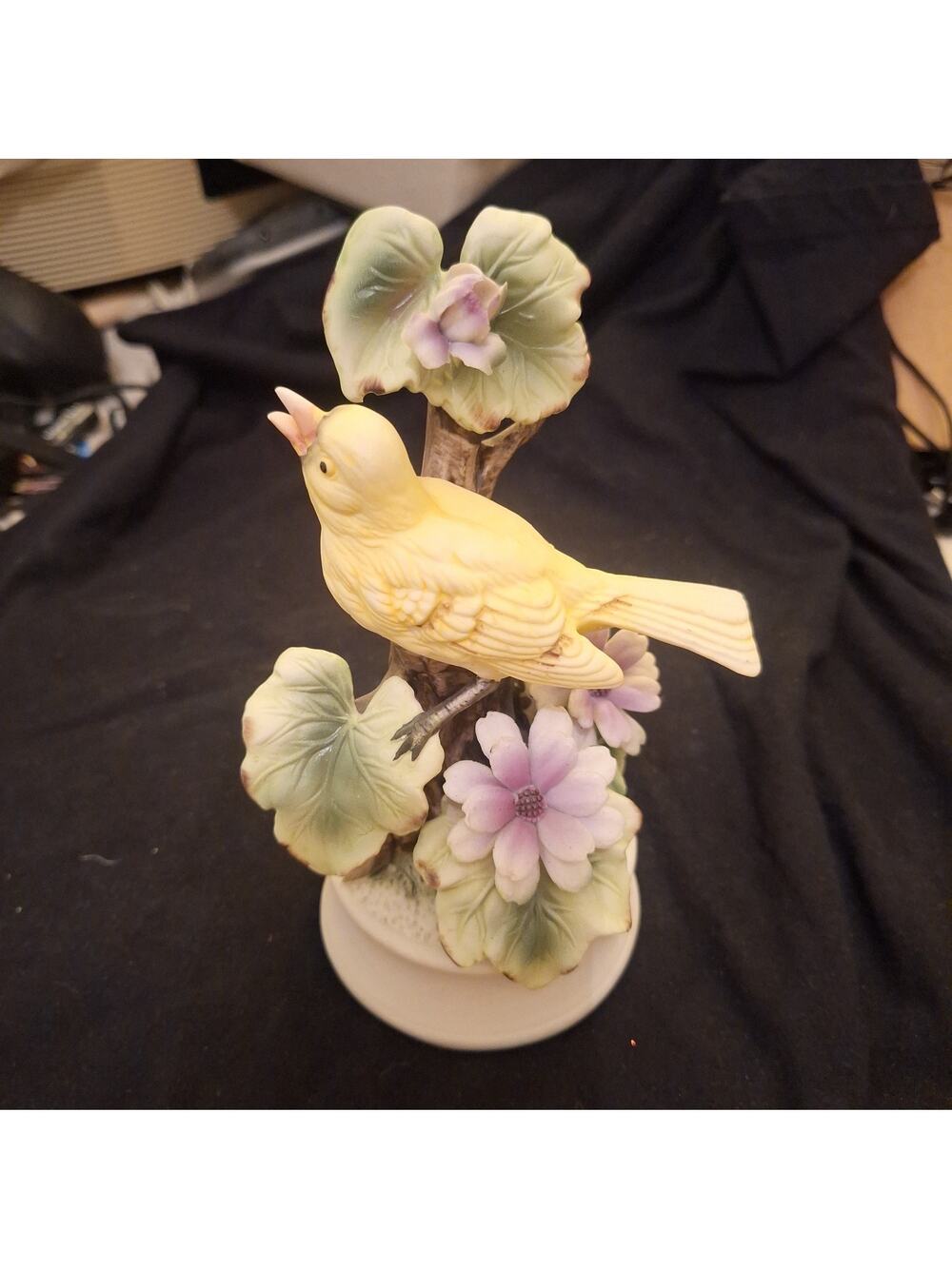 Vintage Yellow Canary Figurine Made In Japan Purple Flower Tree Stump S453